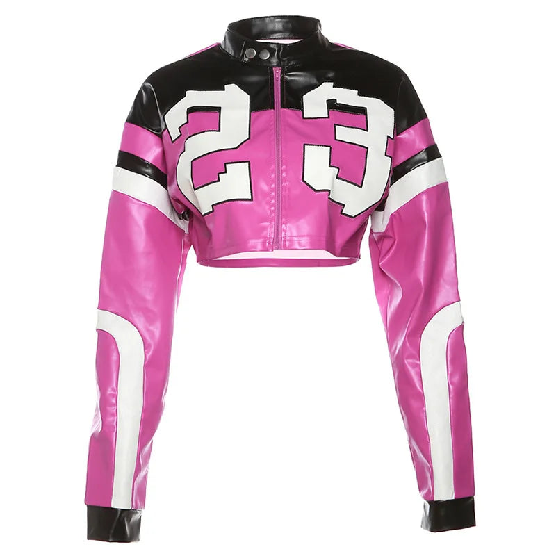 Crop Top Women's Leather Jacket Moto Biker Style Number Print Women's Jacket Fashion Outerwears Women's Moto Biker Zipper Jacket - Premium  from Lizard Vigilante - Just $58.99! Shop now at Lizard Vigilante