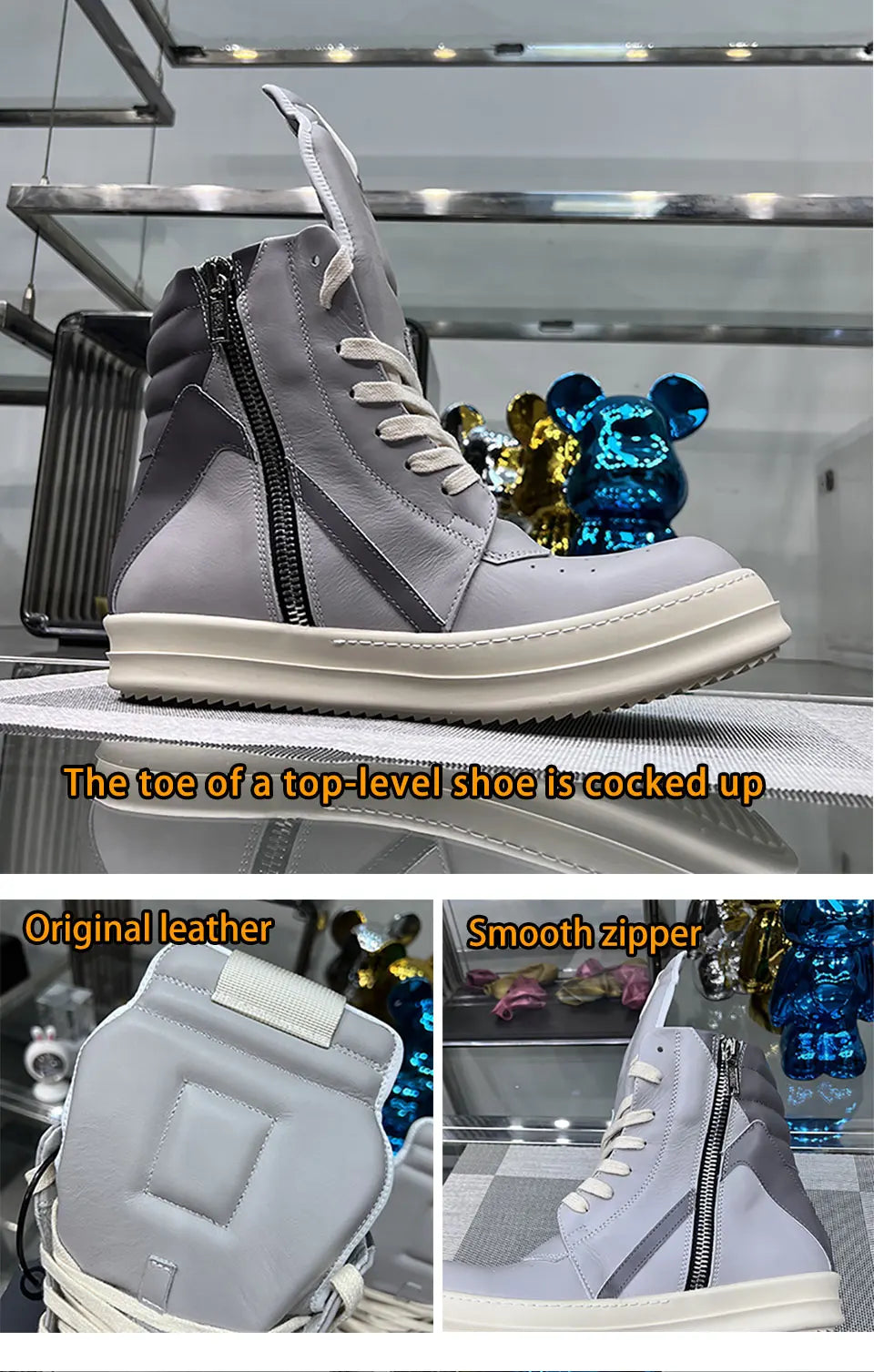 Casual Shoes Men High Top Gray Genuine Leather Luxury Trainers Women Geobasket Jumbo Lace Up Designer Sneaker Flats Ankle Boots - Premium  from Lizard Vigilante - Just $198.99! Shop now at Lizard Vigilante