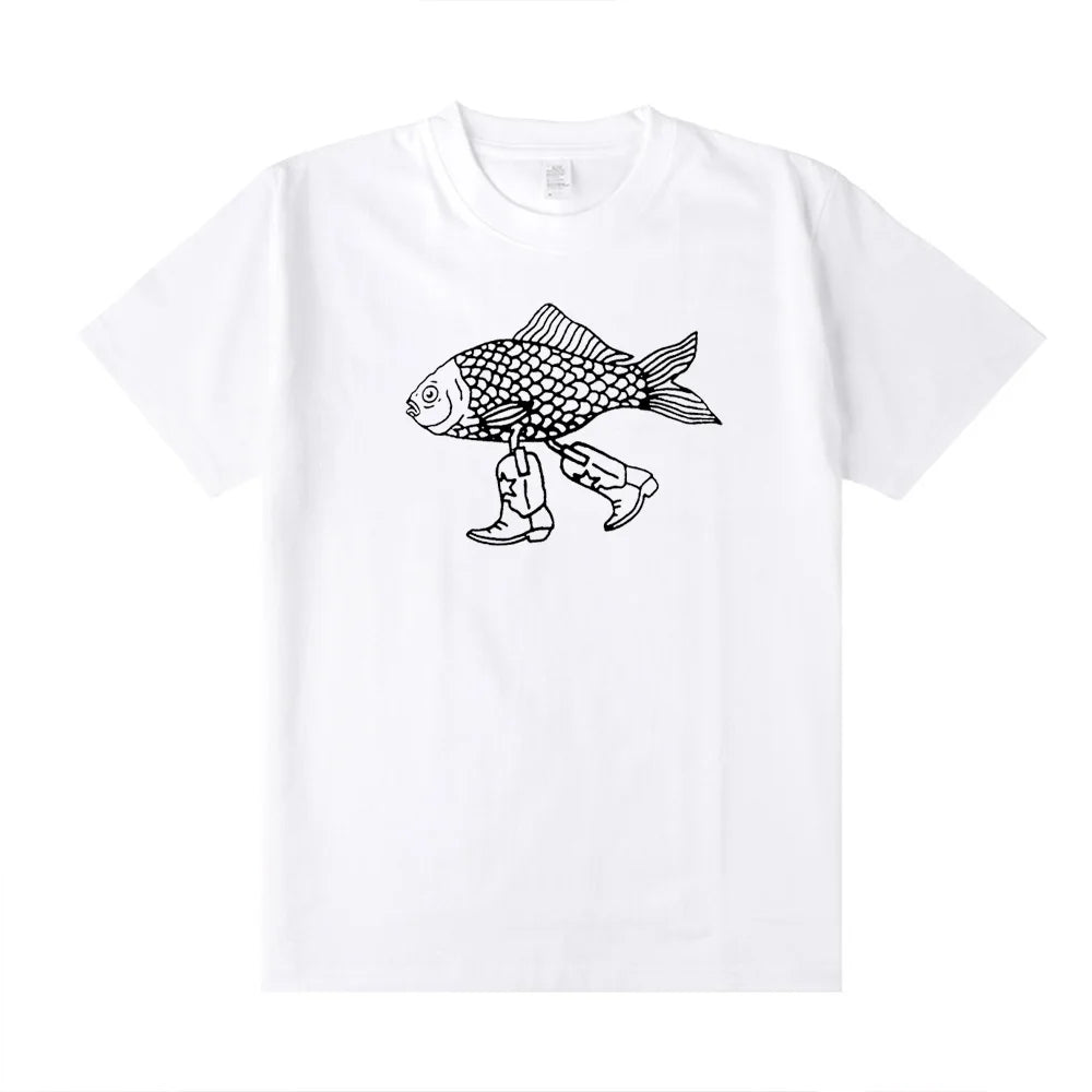 Walking Fish Printing Graphic Funny Tees Women Short Sleeve Loose Cotton Casual T Shirts White Summer Fashion Aesthetic Shirts - Premium  from Lizard Vigilante - Just $43.99! Shop now at Lizard Vigilante
