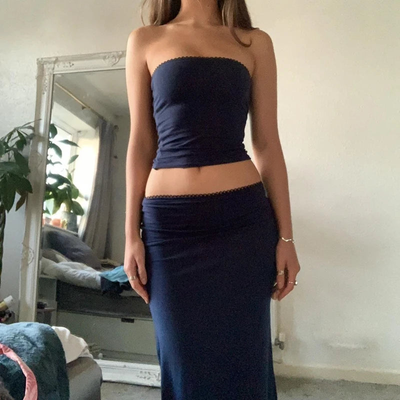 Imcute Women’s 2-Piece Long Skirt Set – Sexy Strapless Tube Top & Bodycon Maxi Skirt - Premium skirt from Lizard Vigilante - Just $26.88! Shop now at Lizard Vigilante