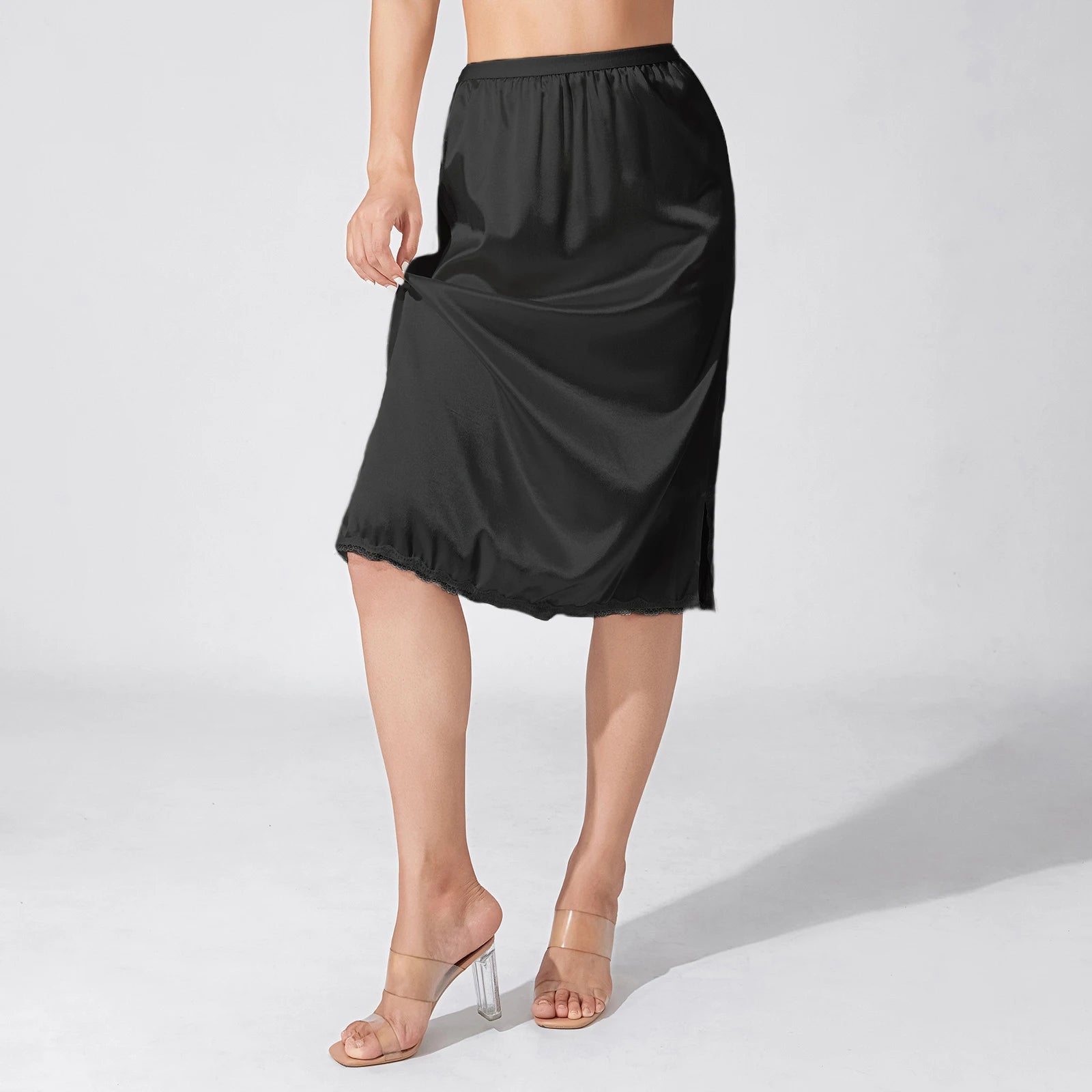 Goocheer Satin Underskirt – Women’s Solid Color Elastic Waist Lace Trim Skirt for Under Dresses - Premium skirt from Lizard Vigilante - Just $22.88! Shop now at Lizard Vigilante