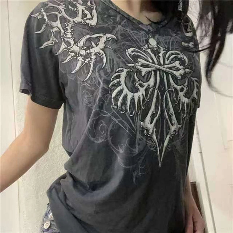 2000s Aesthetic Mall Goth E-girl Gothic T-shirt Retro Y2K Grunge Skull Wing Crop Tops Indie Graphic Print Short Sleeve Tee Women - Premium T-Shirt from Lizard Vigilante - Just $29.99! Shop now at Lizard Vigilante