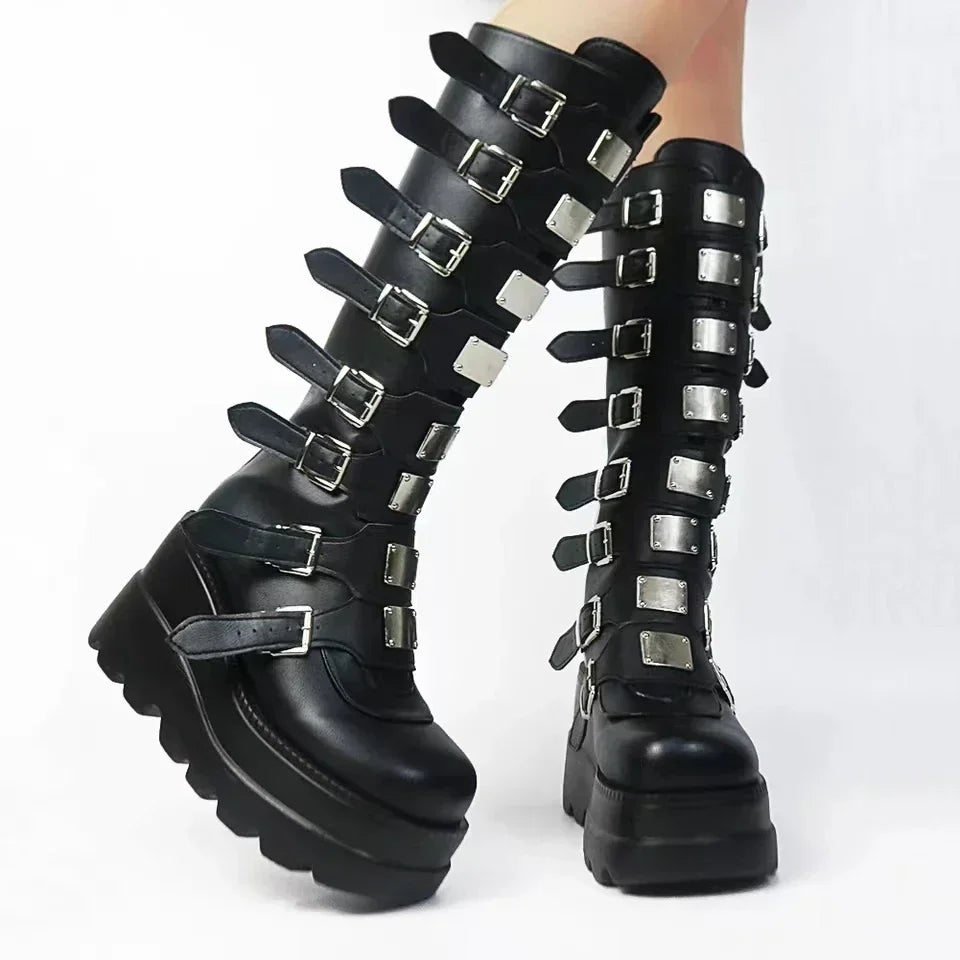 Gothic Knee High Platform Boots for Women – Punk Black Motorcycle Cosplay Boots - Premium platform boots from Lizard Vigilante - Just $46.88! Shop now at Lizard Vigilante