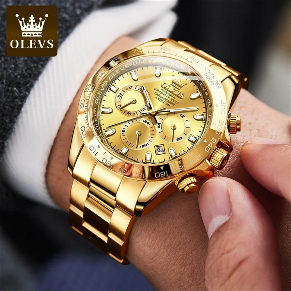 OLEVS Original Gold Watch for Men Automatic Mechanical Multifunctional Three Small Dials Luxury Brand Men's Wristwatch Upgraded - Premium  from Lizard Vigilante - Just $139.99! Shop now at Lizard Vigilante