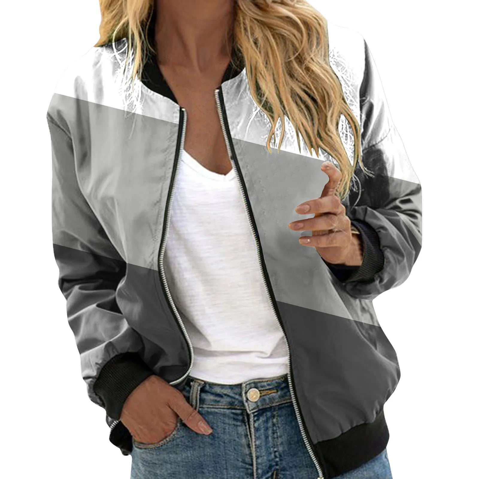 2024 Autumn Elegant Zipper Bomber Jacket for Women Striped Jackets Office Ladies Zip Up Stand Collar Sports Coat Outwear - Premium jacket from Lizard Vigilante - Just $32.99! Shop now at Lizard Vigilante