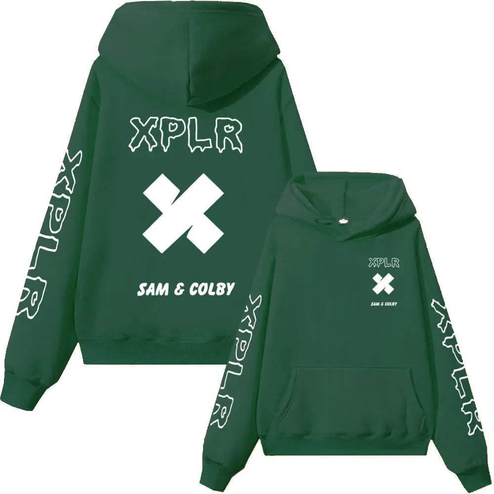 XPLR Hoodie – Sam and Colby Chainlink Merch with Heart-Shaped Print - Premium hoodie from Lizard Vigilante - Just $43.88! Shop now at Lizard Vigilante