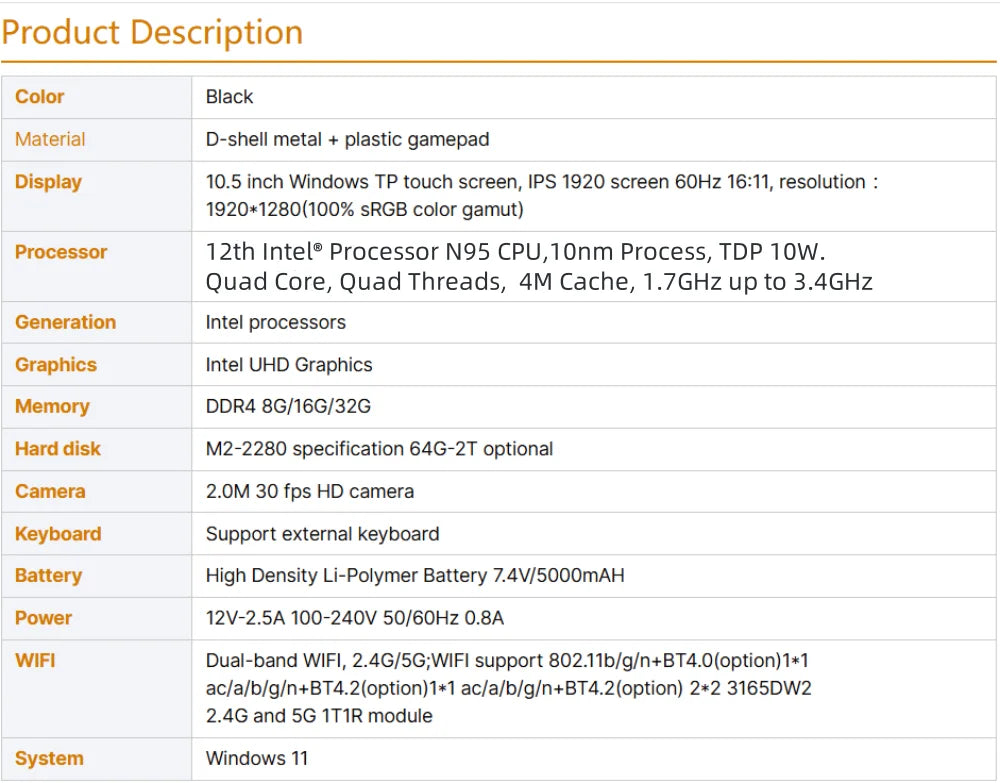 10.5" Handheld Gaming PC Intel N95 16GB RAM 512GB/1TB SSD Gaming PC Portable Mini Laptop with Detachable Gamepad Touch Screen PC