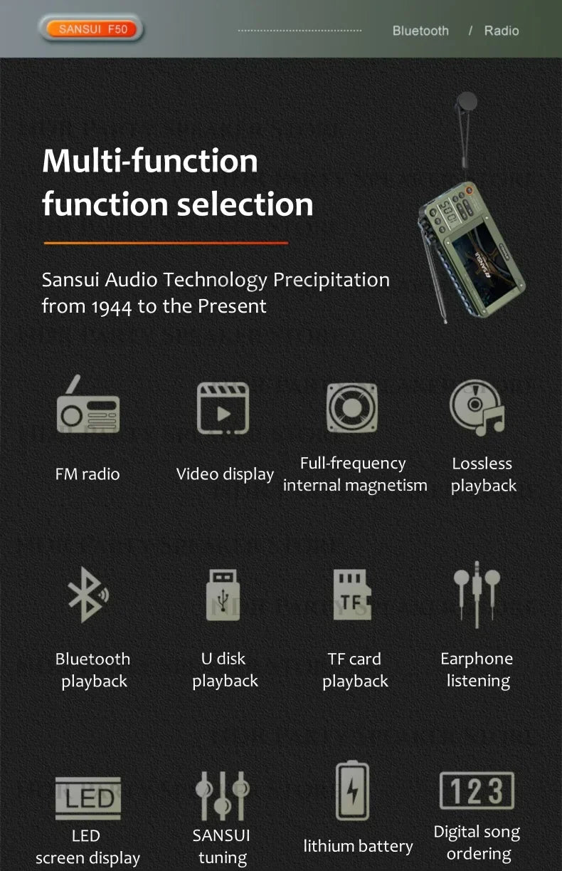 SANSUI Wireless Bluetooth Speakers Home Full-band Radio LED HD Video Player Portable MP4 Walkman Built-in Rechargeable Battery