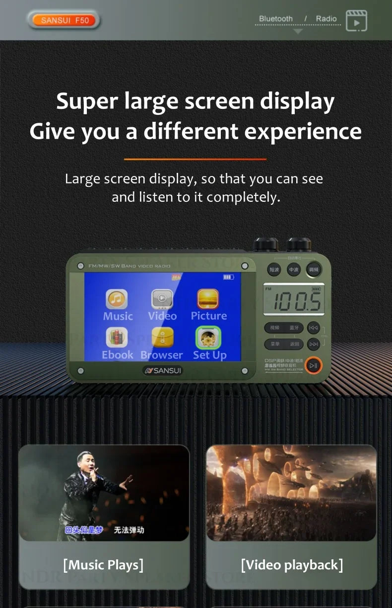 SANSUI Wireless Bluetooth Speakers Home Full-band Radio LED HD Video Player Portable MP4 Walkman Built-in Rechargeable Battery