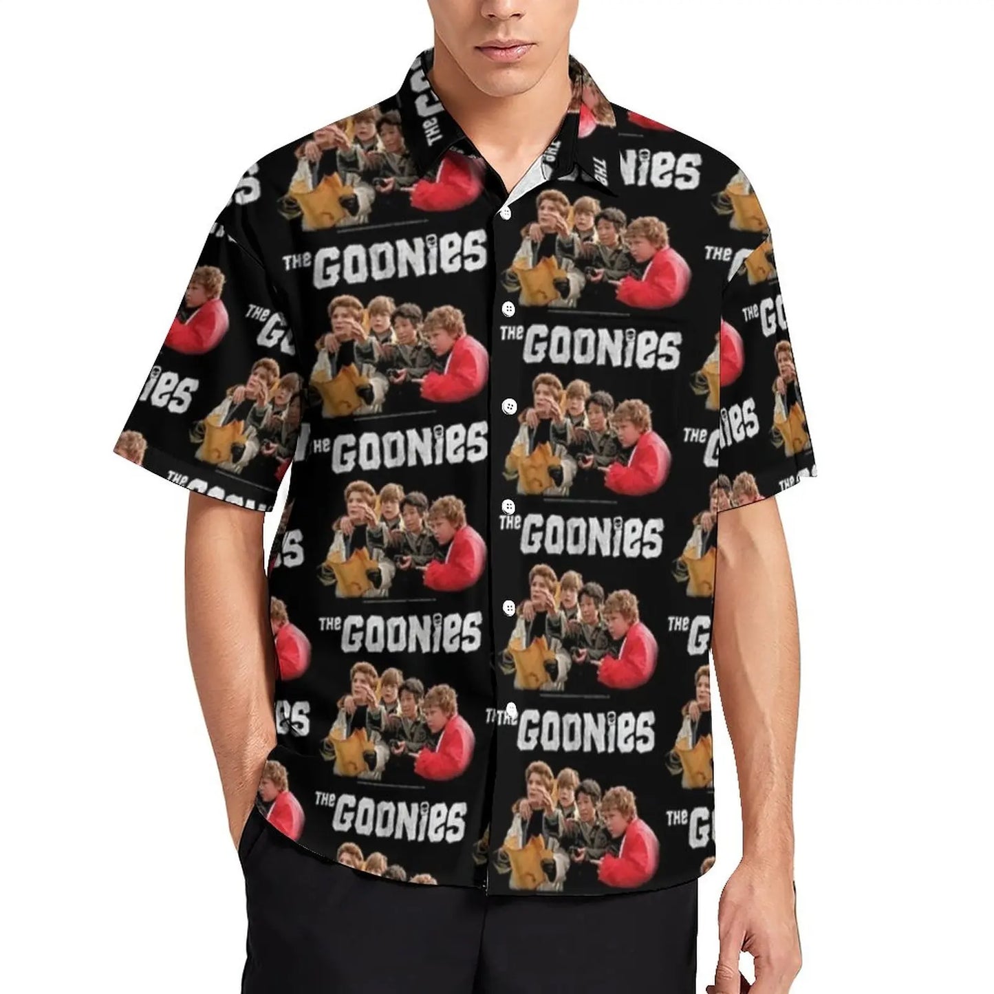 Retro Goonies Print Hawaiian Beach Shirt – 80s Classic Movie-Inspired Casual Button-Up for Men, Plus Size - Premium beach shirt from Lizard Vigilante - Just $26.88! Shop now at Lizard Vigilante