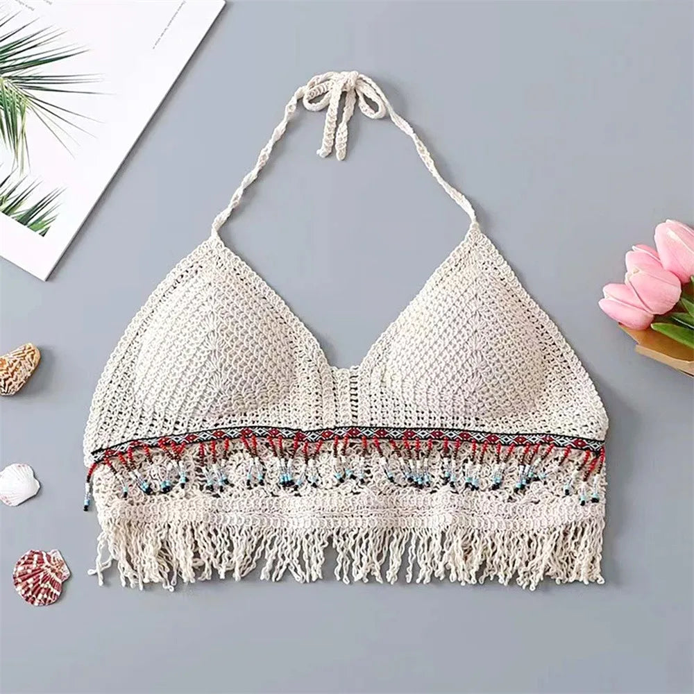 2024 Crop Tops Retro Wild Hollow Perspective Tassel Sexy Spaghetti Strap Tanke Top Women Built In Bra New Back Lace Halter Neck - Premium crop top from Lizard Vigilante - Just $6.99! Shop now at Lizard Vigilante