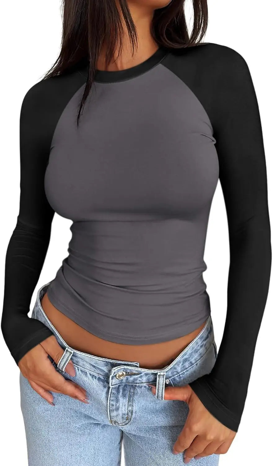 Women's Long Sleeve Shirts Slim Fit Stretchy Color Block Slightly Cropped Tops - Premium  from Lizard Vigilante - Just $19.99! Shop now at Lizard Vigilante