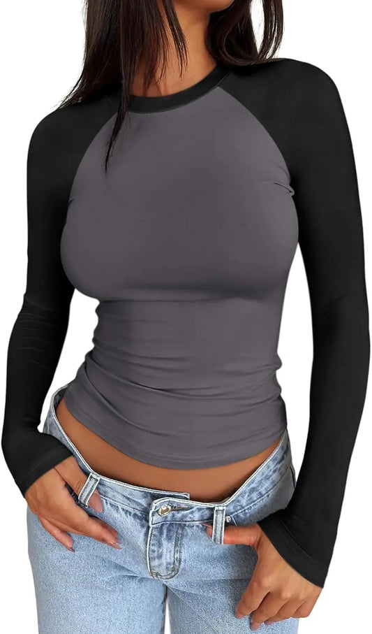 Women's Long Sleeve Shirts Slim Fit Stretchy Color Block Slightly Cropped Tops - Premium  from Lizard Vigilante - Just $19.99! Shop now at Lizard Vigilante