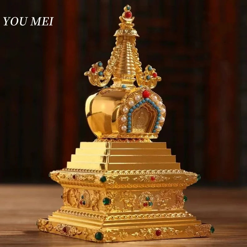 Buddha Statue Pagoda,Engraving Inlaid Gem Tibetan Alloy Double-Layer Tower,Altars Stupa,Buddhist Item Religious Decorative