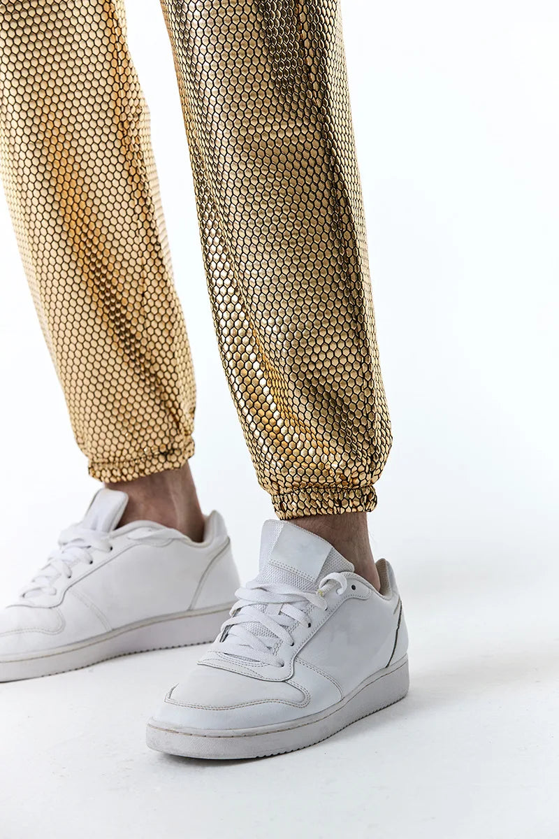 Mens Joggers Metallic Shiny Gold Fish Scales Sweatpants 70s Disco Dance Harem Pants Men Nightclub Stage Party Streetwear Trousers - Premium joggers from Lizard Vigilante - Just $34.99! Shop now at Lizard Vigilante