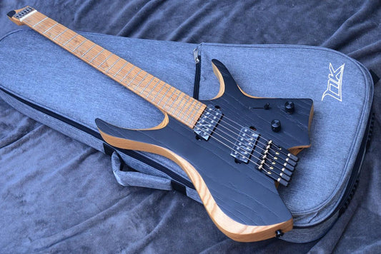 NKGuitar Fanned Frets 6 Strings Headless Electric Guitar Black color Roasted Maple Neck HH pickups - Lizard Vigilante