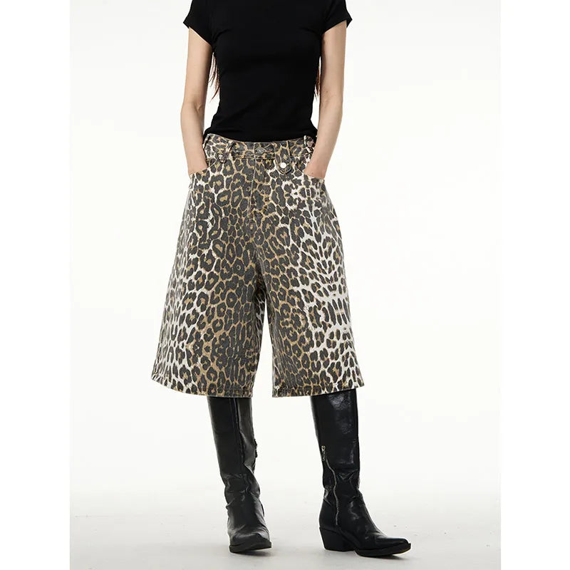 American Retro High Street Casual Overalls Leopard Print Loose Wide Leg Pants For Women Y2k Hip-hop Cargo Grunge Baggy Trousers