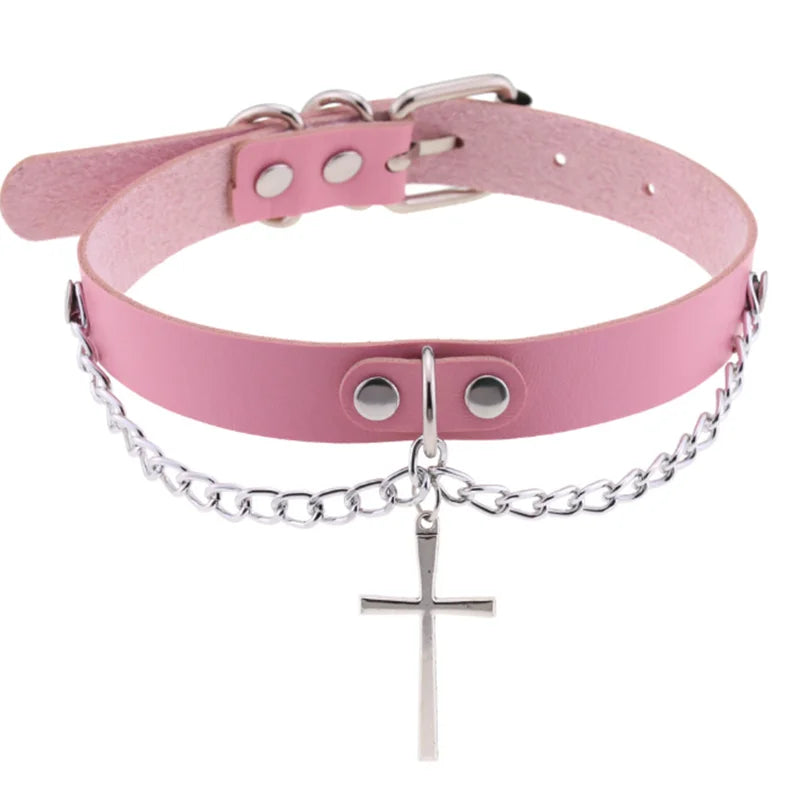 Harajuku Punk Rock Goth Choker - PU Leather Rivet Heart Cross Spike Necklace for Women, Hip Hop Bondage Jewelry - Premium choker from Lizard Vigilante - Just $23.88! Shop now at Lizard Vigilante