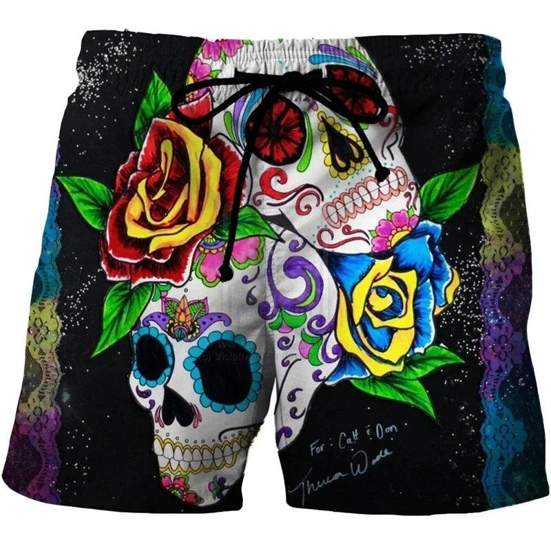 Funny Skull 3D Printed Skeleton Head Hawaiian Beach Shorts Hip Hop Goth Skeleton Graphic Gothic Short Pants for Men Vacation Boy Swim Trunks Swimmer Trousers - Lizard Vigilante