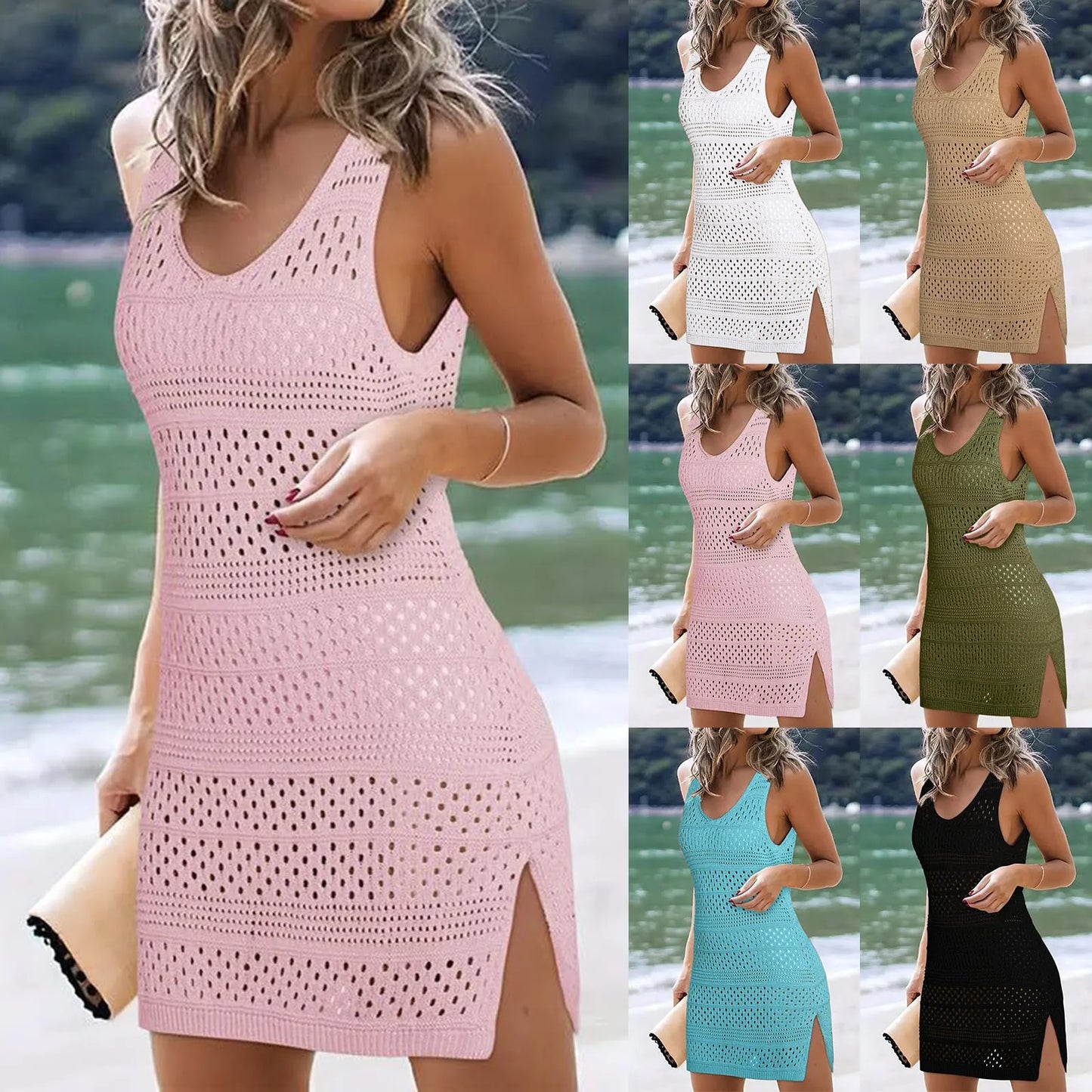 Summer Dresses For Women 2024 Solid Color Round Neck Sleeveless Fishnet Hollow Out Beach Sundresses For Female Vacation Dresses - Premium  from Lizard Vigilante - Just $31.99! Shop now at Lizard Vigilante