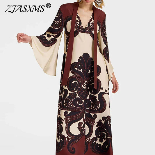 Ethnic Vintage Pattern Print Muslim Women Dresses Spring V Neck Lace-up Loose Long Dress Autumn 3/4 Flare Sleeve Boho Maxi Dress