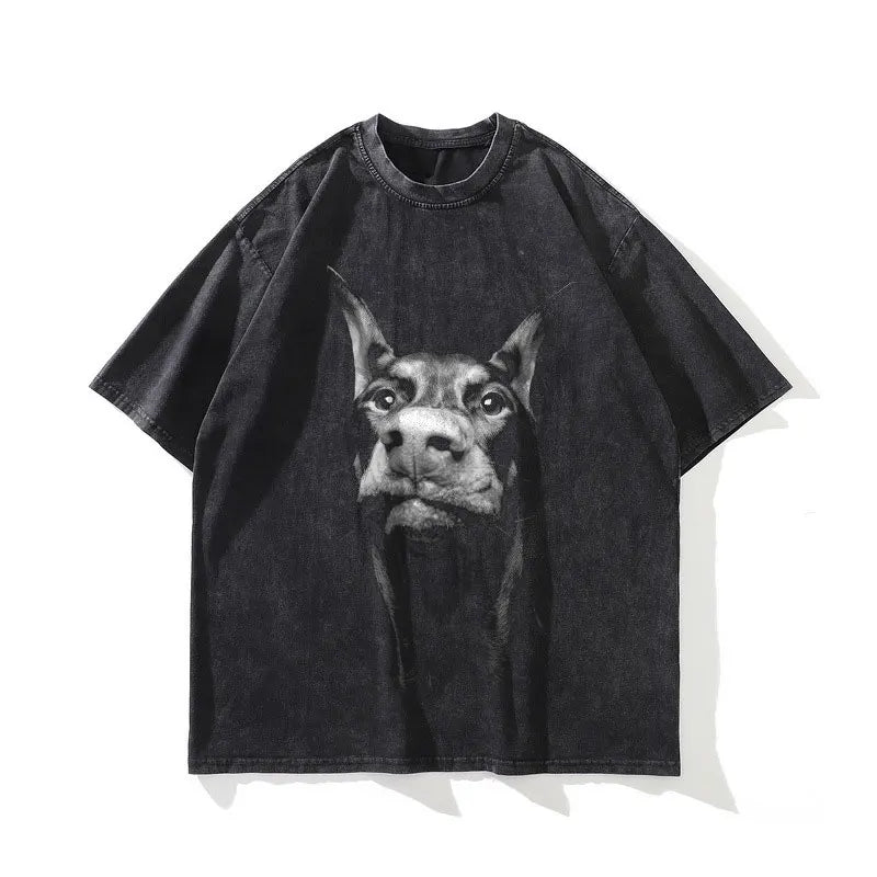 Doberman T-shirts Oversized Vintage Washed Hip Hop High Street T Shirt Retro Cute Dog DTG Printing Short Sleeve Tops Tees Cotton - Lizard Vigilante