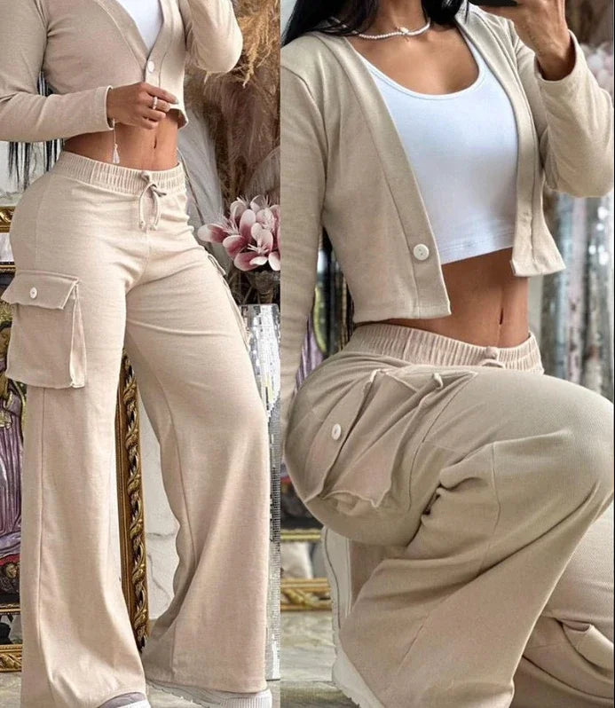 Elegant Two-Piece Women's Outfit – Autumn Cardigan & Drawstring Pants Set - Premium cardigan set from Lizard Vigilante - Just $38.88! Shop now at Lizard Vigilante