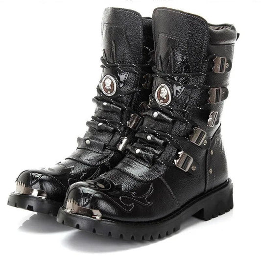 Winter Men Motorcycle Boots New Fashion Mid-Calf Punk Rock Punk Shoes Mens Genuine Leather Black High Top Mens Casual Boot 38-46 - Lizard Vigilante