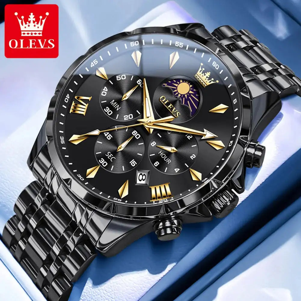 OLEVS 3653 Men Watch Luxury Brand Quartz Watch Multi functional Automatic Date Timer Watch Waterproof Luminous Moonphase Watch