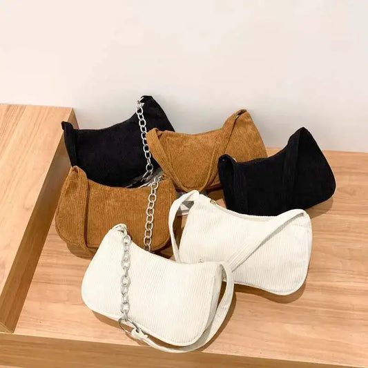 Fashion Vintage Corduroy Women Handbags Underarm Bag Casual Shoulder Bags Solid Color Zipper Female Handbag Clutch Chain Bag