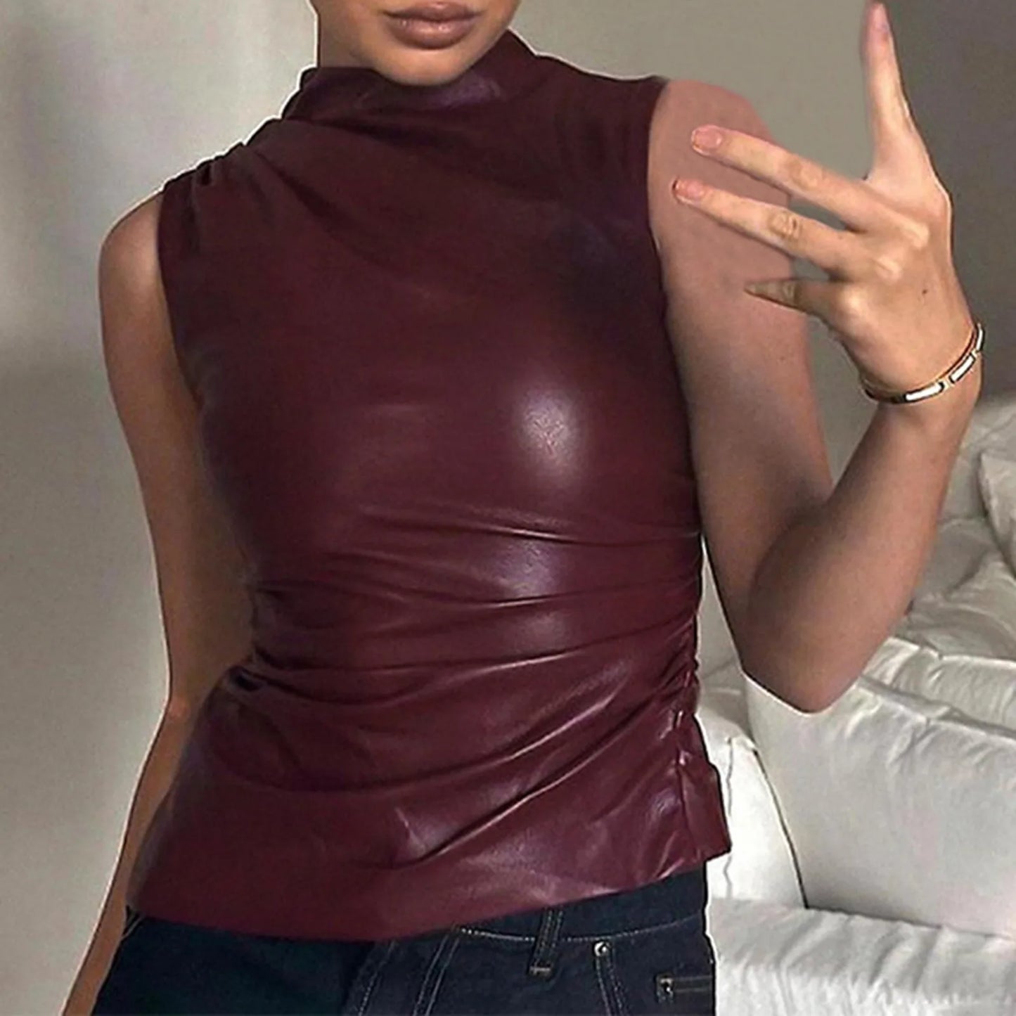 PU Leather Tank Tops Women Summer Sleeveless Pleated Slim Female Top Sexy Sheath Zipper Elastic Lady Ruched Shirt Streetwear - Premium  from Lizard Vigilante - Just $12.99! Shop now at Lizard Vigilante