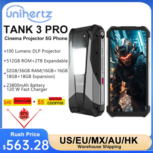 Unihertz Tank 3 Pro 8849 Projector Smartphone Android 5G Phone 32/36GB 512GB Dimensity 8200 120W Fast Charger 200MP Cell phones