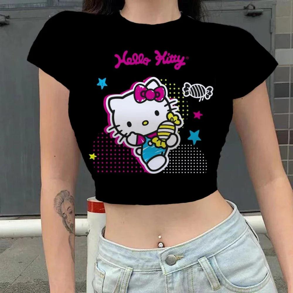 Kawaii Print Hello Kitty Y2K Crop Top | Slim Fit Women's Summer Party T-Shirt - Premium T-Shirts from Lizard Vigilante - Just $23.99! Shop now at Lizard Vigilante