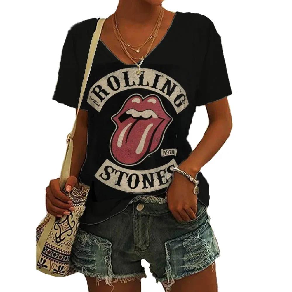 Rolling Stones Women's T Shirts 3d Lip Print Fashion Casual Short Sleeve V-neck Tops Tee Summer Harajuku Female Clothing - Lizard Vigilante