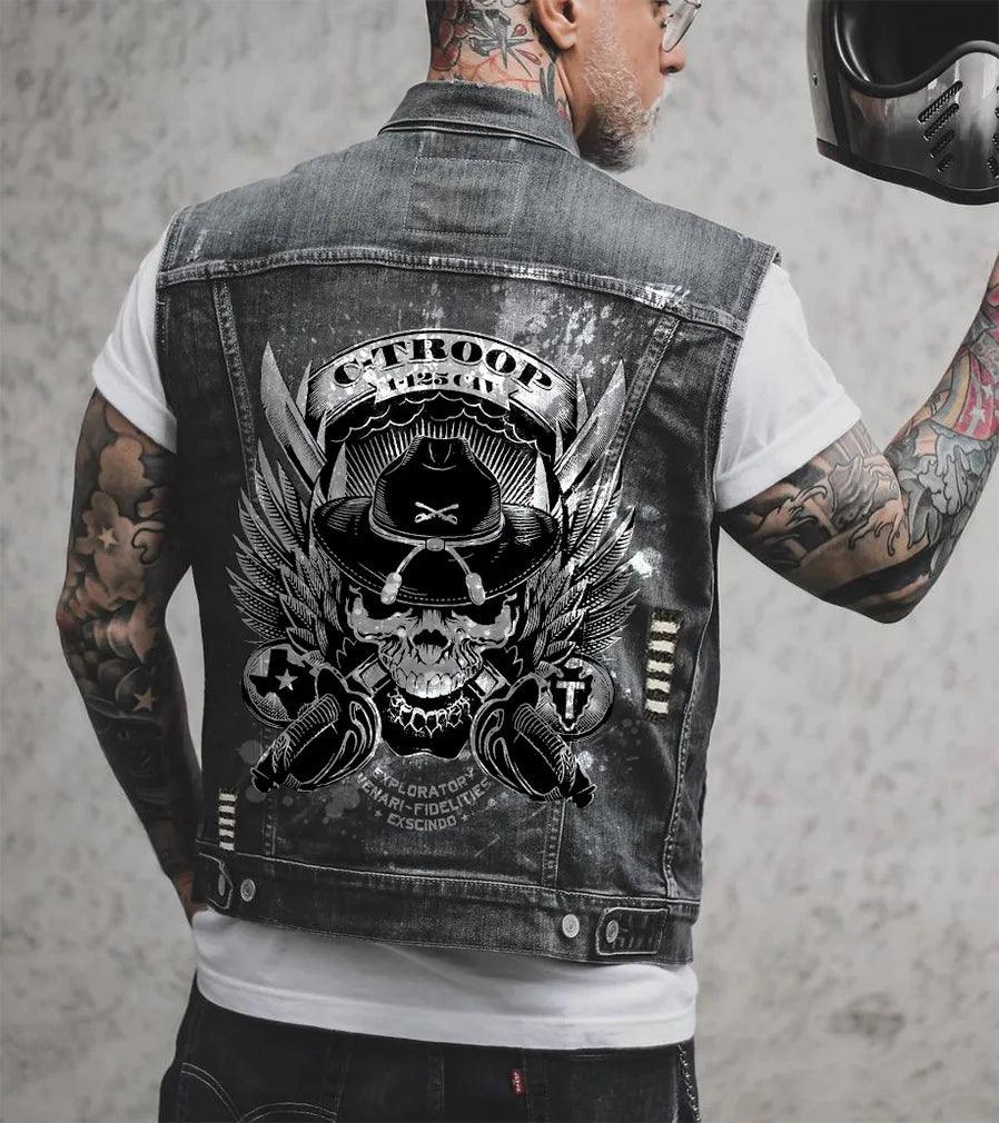 Fire Street Heavy Metal Punk Style Playing Card Ace of Spades Printing Sleeveless Vest Denim Jacket - Lizard Vigilante