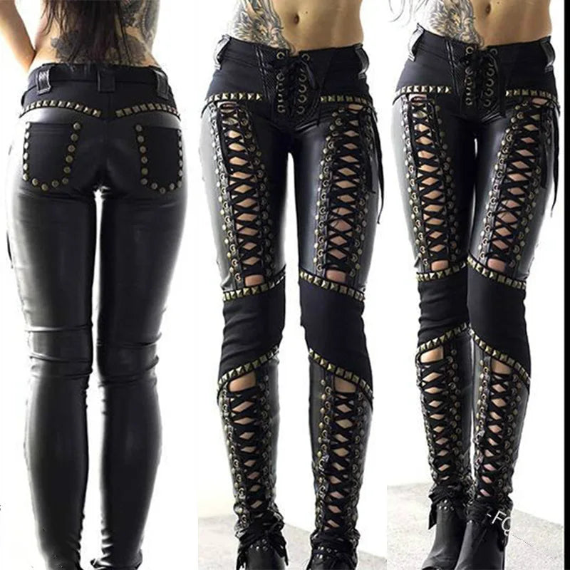 Women's Punk Rock Imitation Leather Pencil Pants New Sensual Hollow Out Bandage Bodycon Leggings Streetwear Women's Pants - Premium pants from Lizard Vigilante - Just $52.88! Shop now at Lizard Vigilante