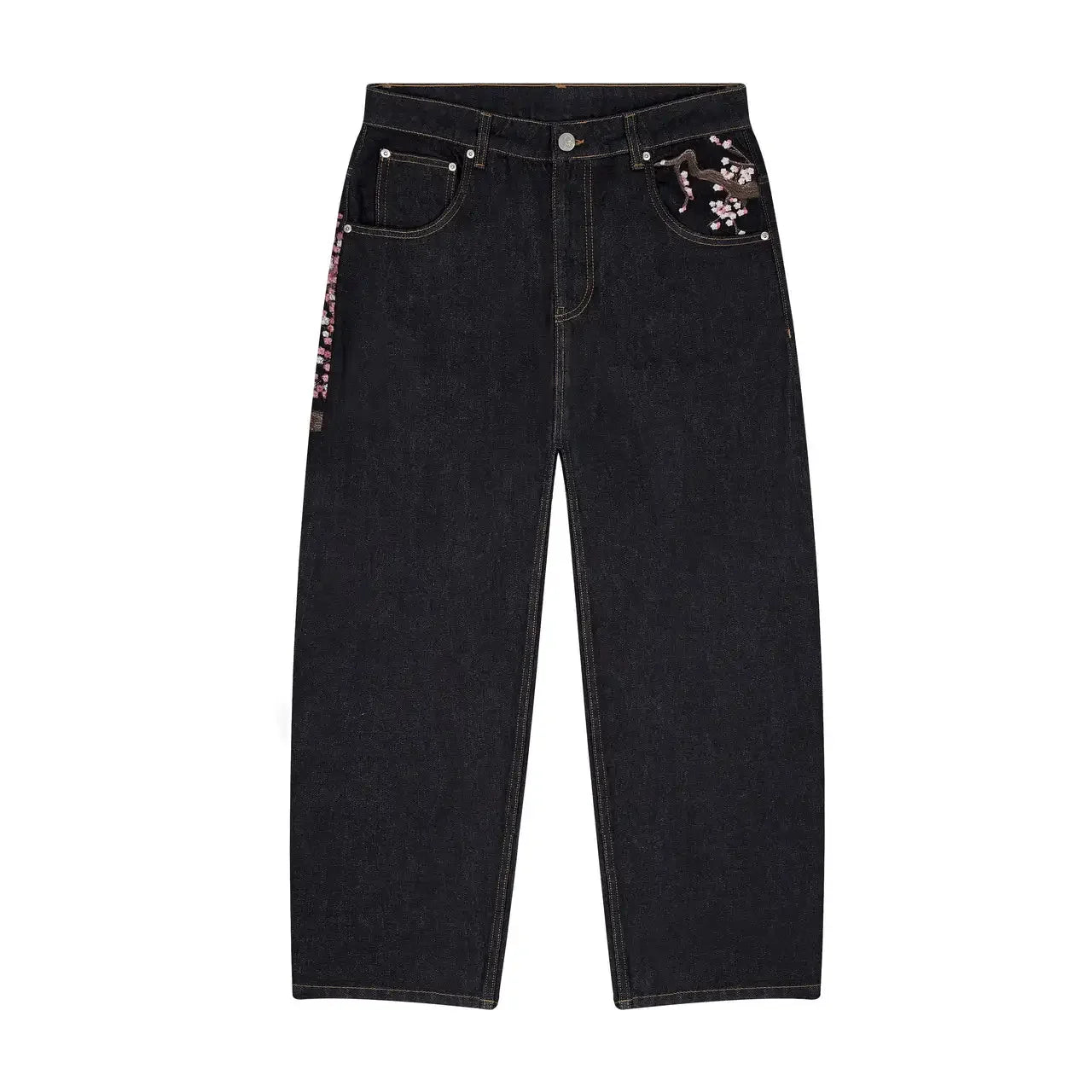 Cherry Blossom Selvedge Wide-Leg Jeans – Y2K Baggy Embroidered Denim Streetwear for Men & Women