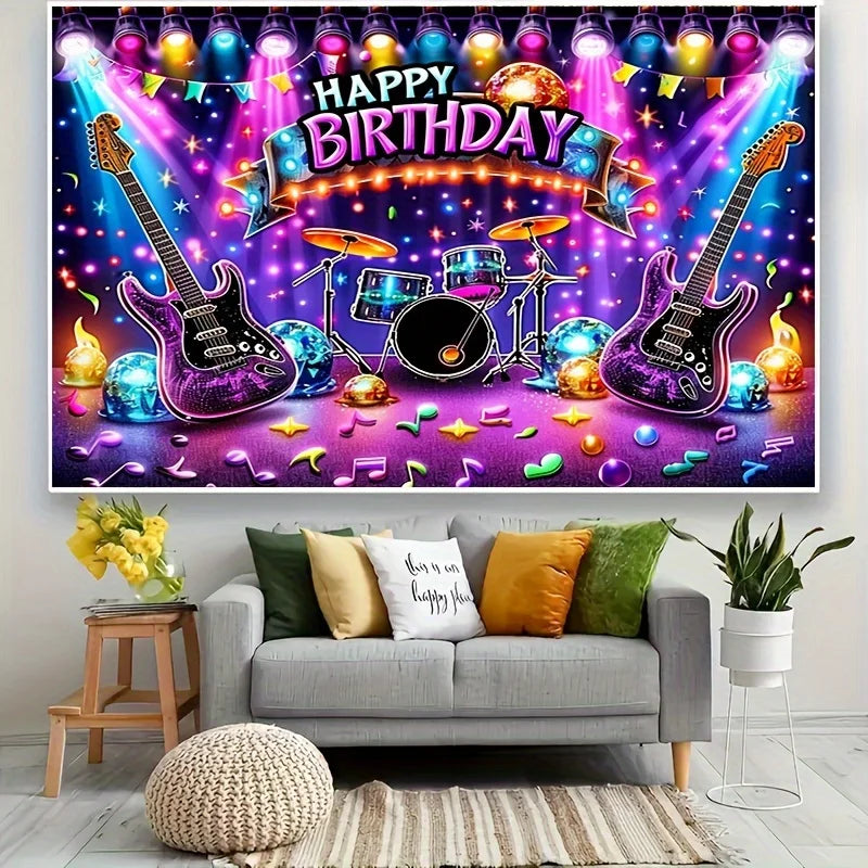 Rockstage Riot Birthday Backdrop – Guitar & Drum Explosion Wall Banner