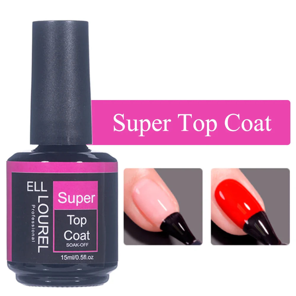 ELL LOUREL 30 Types Base Coat Top Coat No Wipe UV Gel 15ML Semi Permanent Glitter Tempered Top Multi-Function Gel Nail Polish
