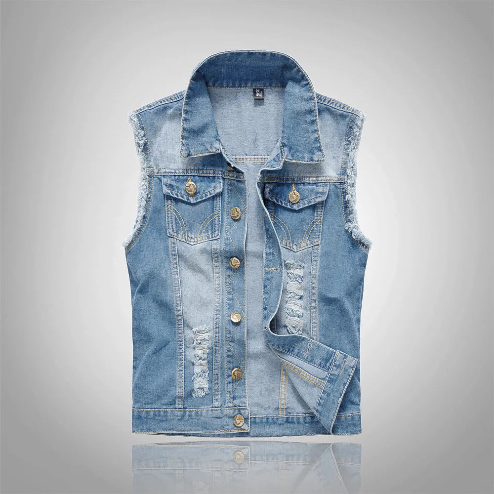 FALIZA New Men's Denim Vest - Ripped Sleeveless Jeans Jacket - Premium denim vest from Lizard Vigilante - Just $42.88! Shop now at Lizard Vigilante