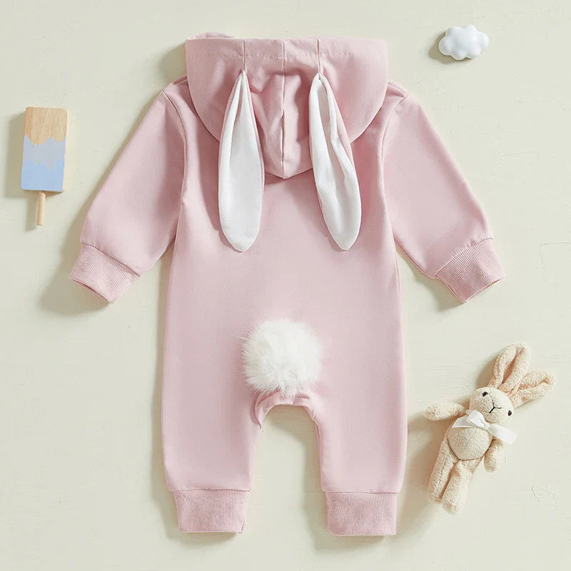 Adorable Infant Easter Romper with Hood Zipper Closure and Bunny Ears - Long Sleeve  for Spring Celebrations