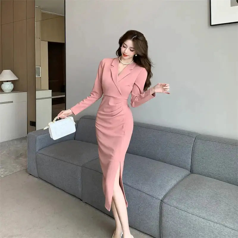 Women Pink Pleated Bodycon Formal Long Dress Autumn Winter Long Sleeve Chic Suit Dress 2025 Korean Fashion Elegant Party Dresses