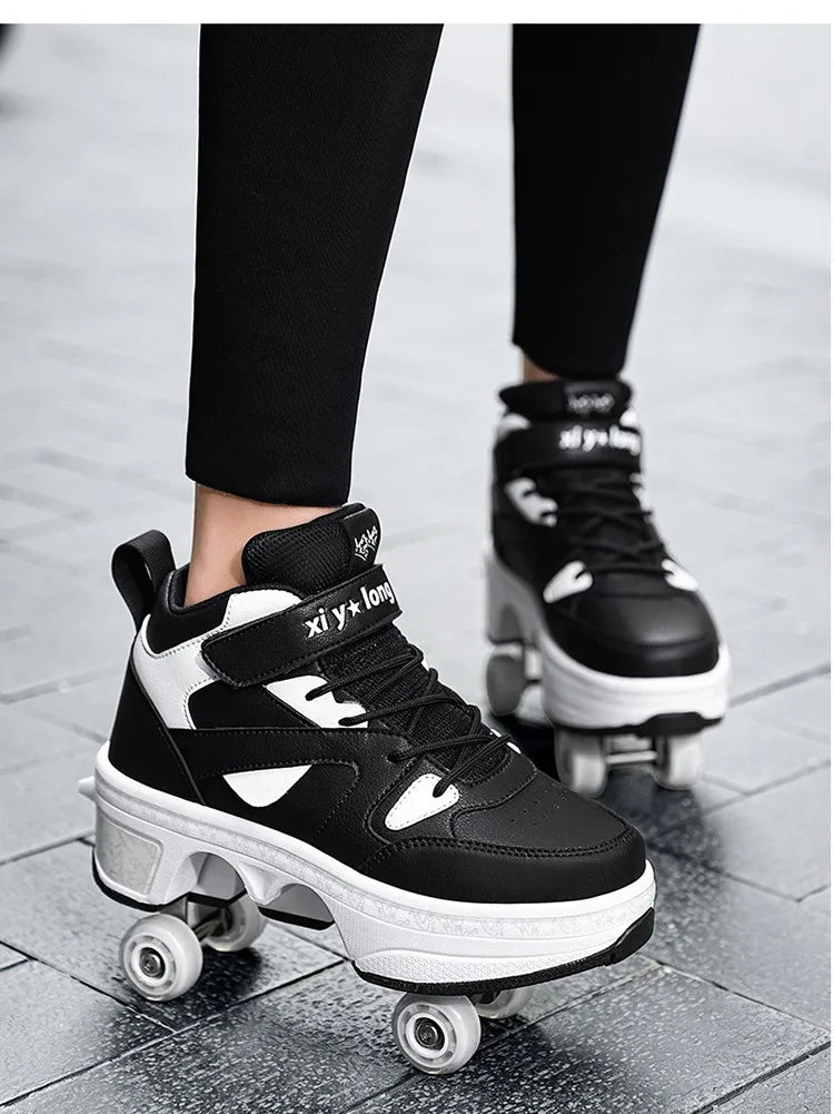 Riot Glide Pop-Up High Tops — 4-Wheel Dual-Purpose Roller Sneaker Boots (Automatic Deploy Wheels)