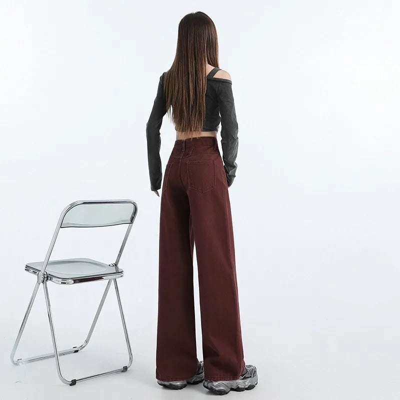 FINEWORDS Retro Angela Red Winter Jeans Women Thicken Cashmere High Waist Baggy Jeans Streetwear Casual Wide Leg Denim Pants