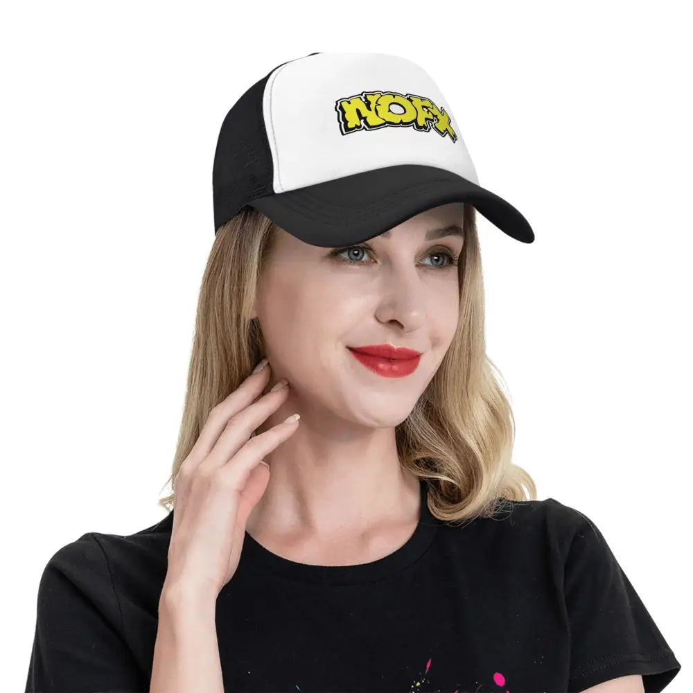 NOFX Punk Band Logo Foam Mesh Trucker Hat | Adjustable Summer Rock Music Baseball Cap | Breathable Mesh-Back Unisex Outdoor Sun Protection Hat - Premium Hat from Lizard Vigilante - Just $23.88! Shop now at Lizard Vigilante