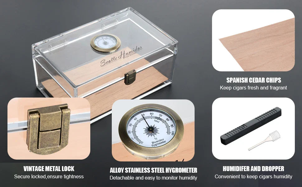 Scotte Cigar Case Humidors Acrylic Cigar Box Hygrometer Humidifier Hold 20 Cigars Include Cigar Cutters Cigar Punch Accessories