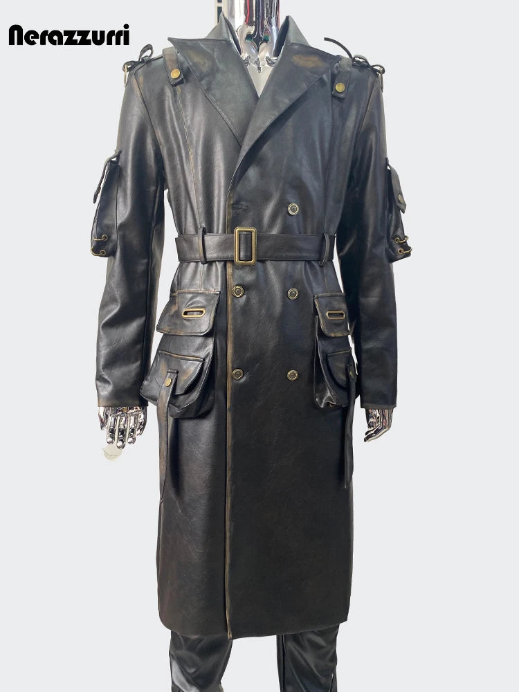 Nerazzurri Men’s Long Distressed PU Leather Trench Coat – Waterproof, Belted Punk Style for Spring & Autumn - Premium trench coat from Lizard Vigilante - Just $148.88! Shop now at Lizard Vigilante