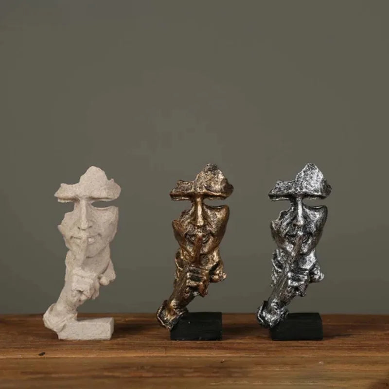 New Creative Abstract Silence Is Gold Abstract Figurine Resin Hand Face Men Statue Sculpture Home Office Living Room Desk Decor
