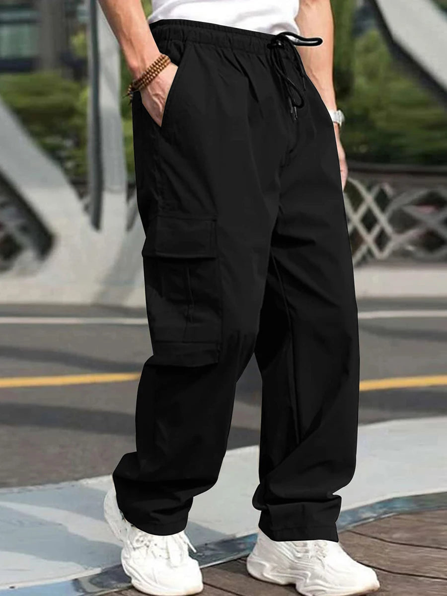 Men’s Loose Cargo Pants – Solid Color Drawstring Waist, Straight Leg Casual Work Trousers with Pockets - Premium cargo pants from Lizard Vigilante - Just $27.99! Shop now at Lizard Vigilante