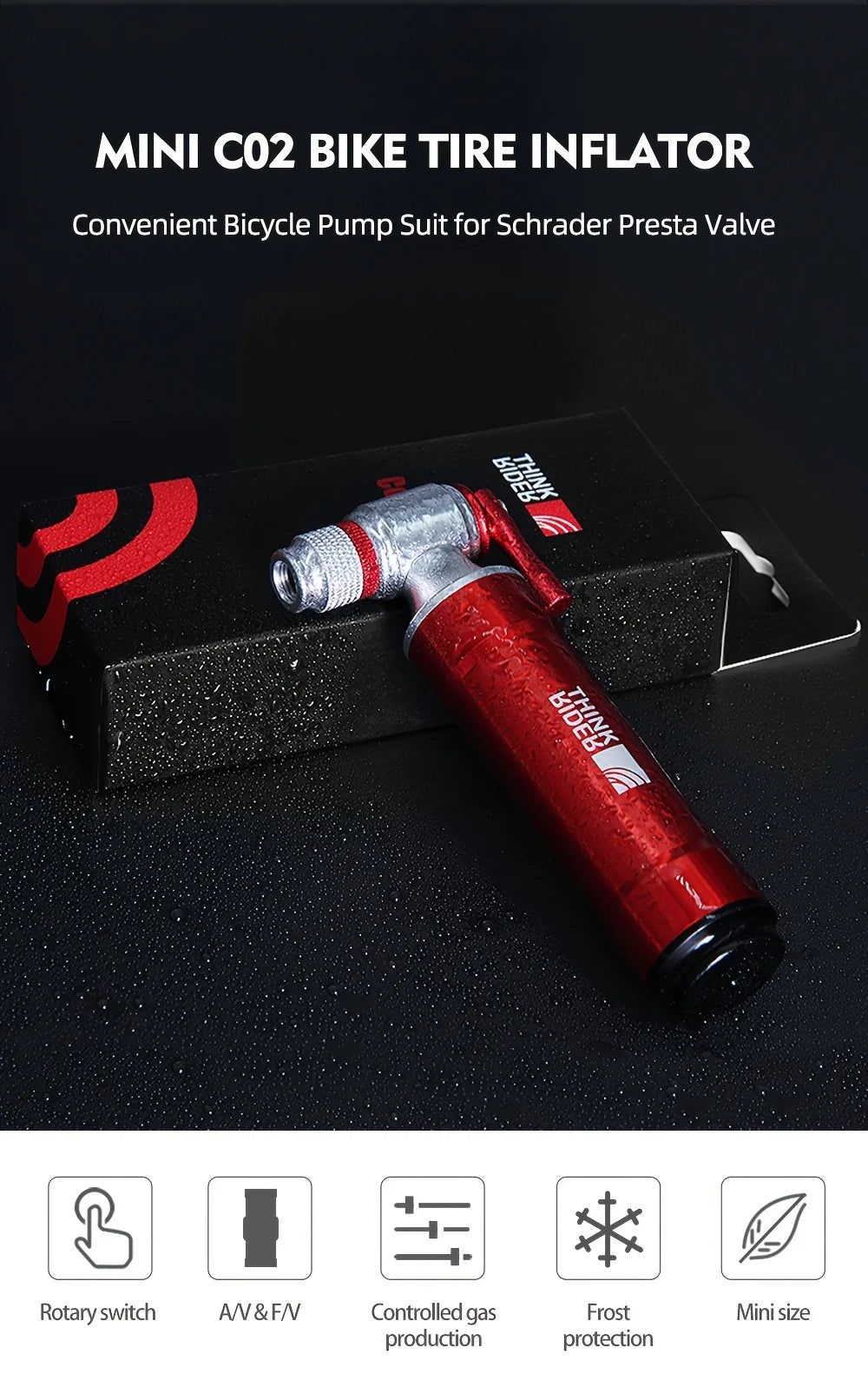 ThinkRider ThunderShot CO₂ Mini Pump — Aluminum Presta/Schrader Bike Tire Inflator For Road, MTB & Gravel